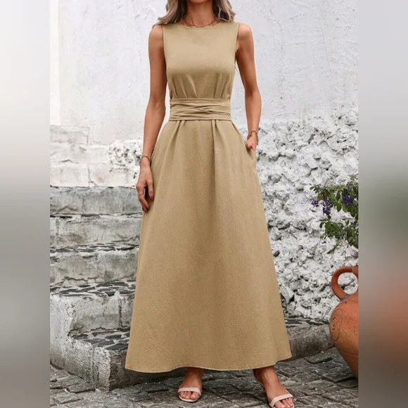 New Textured Cotton High Neck Wrap Tie Waist Maxi Dress Tan Camel Beige - Picture 2 of 9
